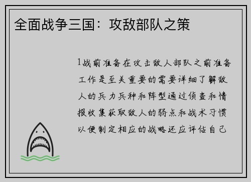 全面战争三国：攻敌部队之策